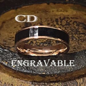 Engraved Mens Real Rose Gold Tungsten Wedding Ring - 14k Rose Gold Black Ceramic
